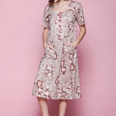 pocket shirtwaist dress brown pink rose print floral slinky short sleeve vintage 70s EXTRA LARGE XL 