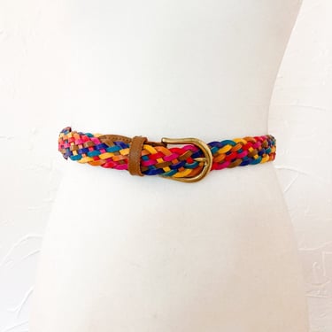 90s Rainbow and Brown Woven Braided Leather Belt with Gold Buckle | Large 