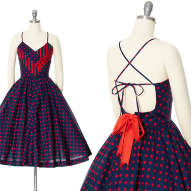 Vintage 1970s Sundress | 70s Polka Dot Striped Cotton Lace Up Open Back Navy Blue Red Circle Skirt Day Dress with Pockets (x-small) 