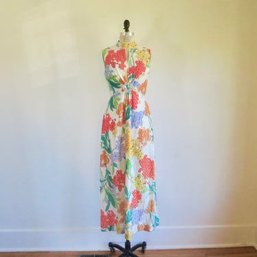 1970's Orange Yellow Green Floral Knit Long Maxi Dress Sleeveless Mock Neck Style 70's Spring Summer Formal Mod 29.5