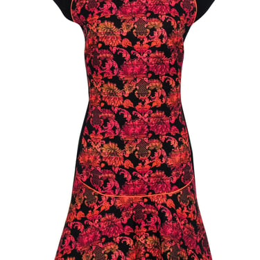 Ted Baker - Black & Floral Jacquard Drop Waist Dress Sz 12