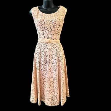 pink lace dress 1950s sheer floral lacy romantic dress small 