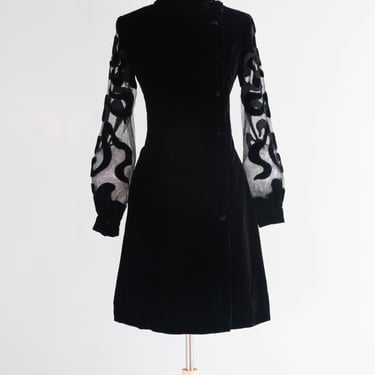 Killer 1960's Velvet Cocktail Dress With Cut Out Sheer Bishop Sleeves / Medium