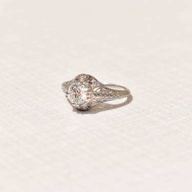 Edwardian Revival 1 CT Platinum Diamond Solitaire Laurel Foliate Engagement Ring, Estate Jewelry, Size 5 1/2 US 