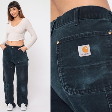 Vintage Black Carhartt Jeans 34 x 34 Double Front Denim Workwear Hammer Loop Work Pants 90s Baggy Dungaree Cargo Work Pants Medium 