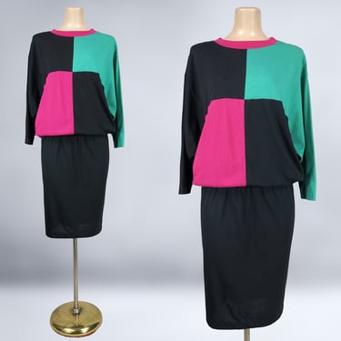 VINTAGE 80s New Wave Color Block Dress by S Roberts Sz Large | 1980s Bold Geometric Blousy Drop Waist Mini Dress | VFG 