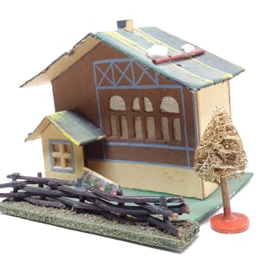 Antique German House with Fence & Tree for Christmas Putz or Nativity, Vintage Embossed Cardboard Toy, Germany Light Cover 