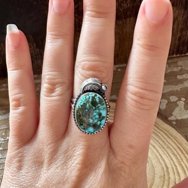 TURQUOISE FEATHER DROPLET S. Cooke Sterling Silver & Turquoise Ring | Native American, Southwestern Jewelry | Navajo Made | Size 7 1/2 