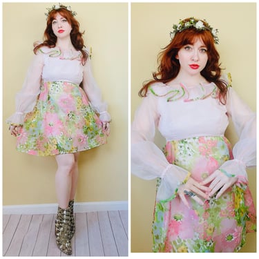 1970s Vintage Pink and Green Floral Mini Dress / 70s Nylon Sheer Sleeve Ruffled Dress /  Medium 