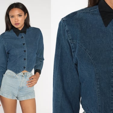 Denim Crop Top Wrangler Blues Jean Blouse 00s Shirt Jean Shirt Button Up Top Vintage Y2K Long Sleeve Blue Black Collar Medium 