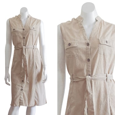 Vintage Tan Shirt Dress | Belted | Sleeveless 