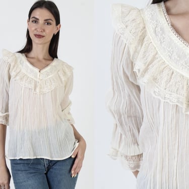 Gunne Sax Blouse, Cream Gauze Top, Victorian Lace Tunic, Vintage 70s Jessica McClintock 