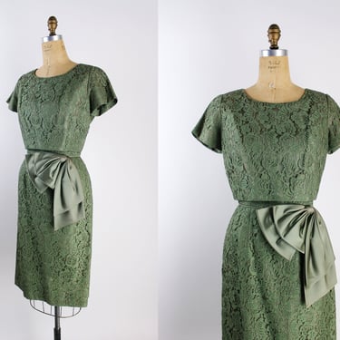 50s Green Bow Lace Dress / Party Dress / 1950s Dress / Size M/L 