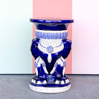 Blue and White Tri-Head Elephant Garden Seat