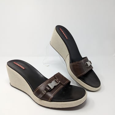 Vintage Y2K 2000 Prada Woven Wedge Slides with Buckle Size 40 / US 10 Sandals 