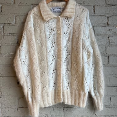 Med Larger, Vintage Hand Knit Mohair Blend Cardigan Sweater, Ivory 