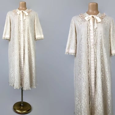 VINTAGE 50s Antique Lace Robe House Dress by Odette Barsa | 1950s Dressing Gown Peignoir Lingerie | VFG 