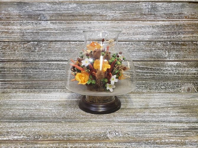 Vintage Glass Globe & Dried Flowers, 1970s Botanicals, Faux Flowers in Jar Shabby Cottage Centerpiece, Floral Mixed Media Vintage Home Decor 