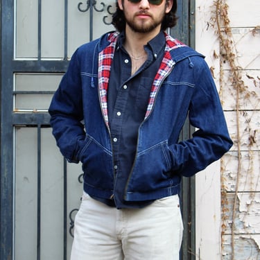 70s Denim Jacket, Vintage 1970s Sandherst Denim Hoodie, zip front, Small/Medium Men, flannel lining 