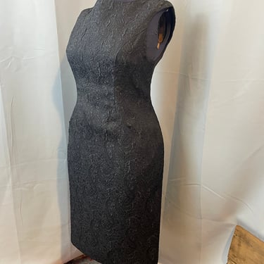 Black Dress with Pockets 1990s Vintage Paisley metallic jacquard Evan Picone M 