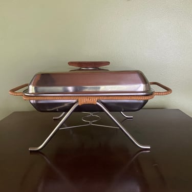 Midcentury Danish Modern LUNDTOFTE Stainless Steel Lidded Chafing Serving Dish with Rosewood Handle Rattan Wrapped Handles Made in Denmark 
