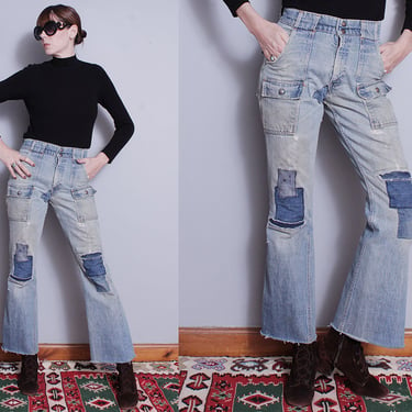 Vintage 1970's | Levi's | Distressed | Patched | High Rise | Flared | Denim | Jeans | S 