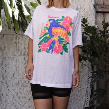 Vintage 80s Neon Tee Super Soft Cotton T Shirt Bahamas Graphic Tshirt Neon Birds Flowers by Dorsett Tees 