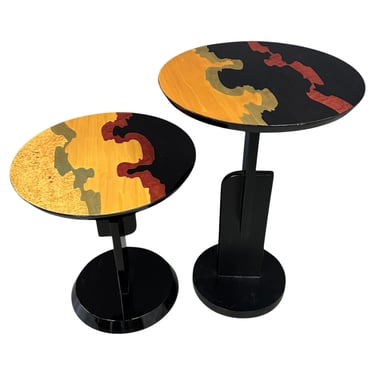 Carlo Malnati Style Post Modern Side Tables with Inlay Wood Tops