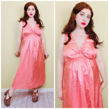 1990s Vintage Silky Peach Empire Waist Dress / 90s Crinkle Romantic Pink Goddess Dress / XL 