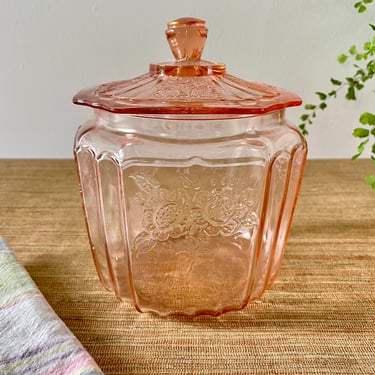 Vintage Pink Depression Glass Jar with Lid - Mayfair Pink Cookie Jar - Open Rose Pattern - Biscuit Jar - Pink Jar with Lid 