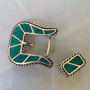 1940'S-50'S Sterling Buckle and Loop Set - Turquoise Flush Inlay - Braided Edge Details - 2 Piece Set 