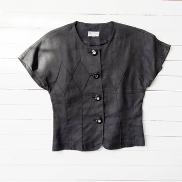 black linen shirt | 80s 90s vintage diamond embroidered 50s style nipped waist cropped blouse 