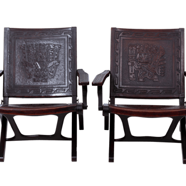 Pair Campaign Style Tolled Leather Folding Chairs