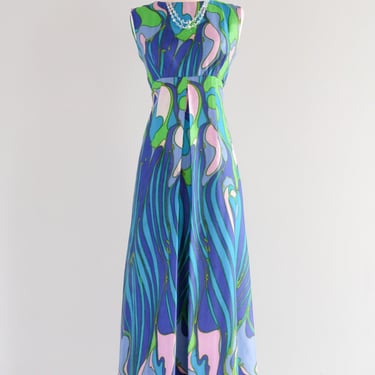 Euphoric 1970's Blue Dreams Art Noveau Inspired Evening Gown / Sz M