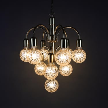 1970s Gold Chandelier | Mid-Century Ceiling Light | Vintage Glass Globe Pendant 