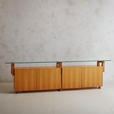 Mid-Century Modern Wood Credenza with Glass Top, Circa 1950s