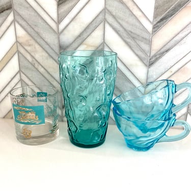 Vintage Blue Glasses: Decatur Glass Blue Crinkle Water Tumbler, Gold Turquoise Steamboat Lowball Glass, Hazel Atlas Capri Seashell Tea Cups 
