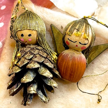 VINTAGE: 2pcs - Old Italian Natural Acorn and Pinecone Ornaments - Handcrafted Mini Ornaments - Holiday, Christmas - SKU 30-407-00034515 