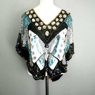 1970s , Disco, Monarch  - Butterfly Sequin - Cocktail - Party Top - Club Top - by Star Group 