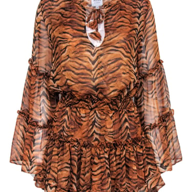 Misa - Orange &amp; Black Tiger Print Ruffled Dress w/ Bell Sleeves Sz S