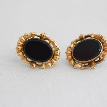 Vintage 12K Gold Filled and Black Oval Screw Back Earrings 