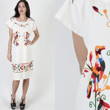 Soft White Hand Embroidered Mexican Birds Caftan Dress M 