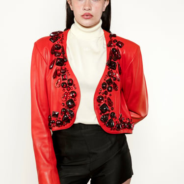 Yves Saint Laurent 1990 Glass Bead Leather Cropped Jacket 
