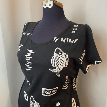 Funky Tee Shirt Dress 1990s Vintage Graphic Graffiti Style Black White Fish M 
