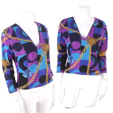 90s VERSACE Medusa top, vintage 1990s Versace Jeans medallion chain print knit, 90s designer stretch blouse M 
