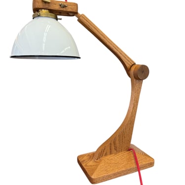 Free shipping within continental US -  Vintage Handmade Oak Wood Adjustable Desk Lamp White Enamel Shade with Brass Finished Fittings 