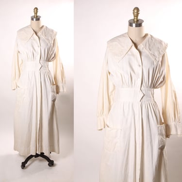 Antique Late 1800s 1890s-1900s White Long Sleeve Wide Collar Pocketed Dress -S 