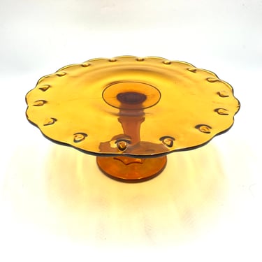 Indiana Glass Amber Pressed Glass Pedestal Cake Stand, Tear Drop Pattern, Vintage Mid Century Retro Gold Glassware, Bakeware Bakery Display 