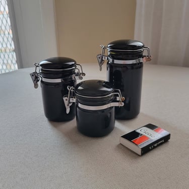 Airtight black ceramic mini canister set Storage jars with lid Spice box Tea keeper Vintage pottery Farmhouse kitchen decor 