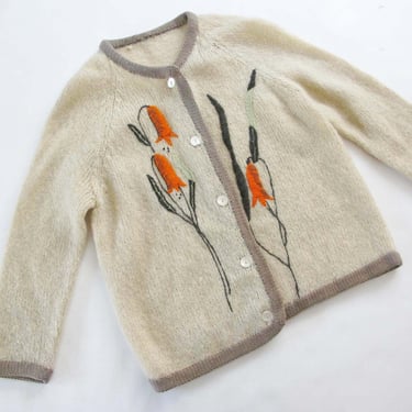 Vintage 1950s Womens Mohair Wool Cardigan Small  - Floral 50s Fuzzy Off White Orange Knit Sweater - Rockabilly Pin Up Clothing 
